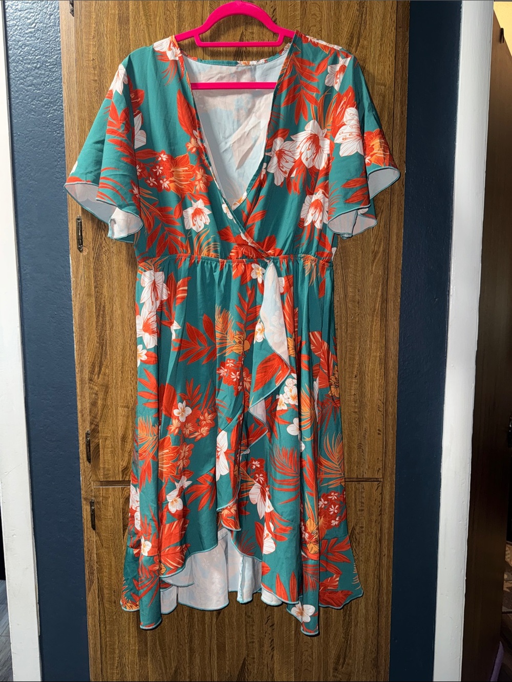 Teal Floral Wrap Dress with Orange Accents